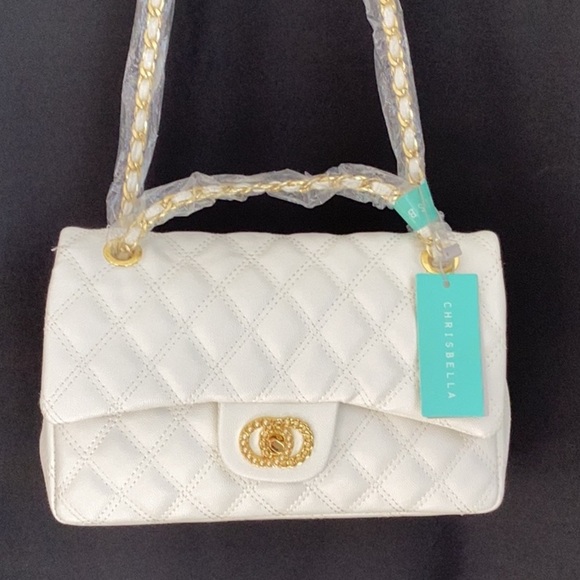 Chrisbella NWT White Quilted Leather Gold Women's Crossbody Bag Double Flap - Picture 6 of 9